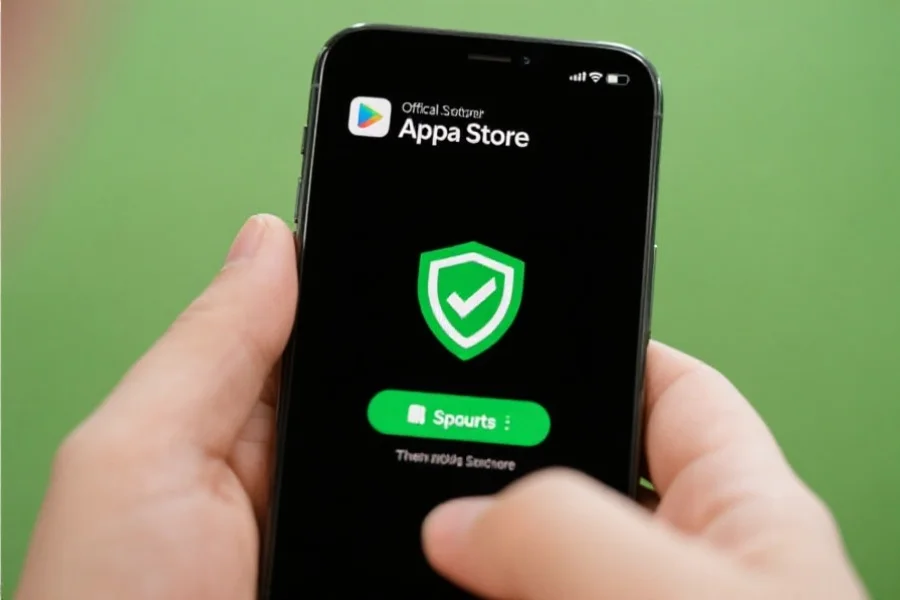 一部智能手机正在安全地从官方应用商店下载体育应用，屏幕显示绿色安全标志