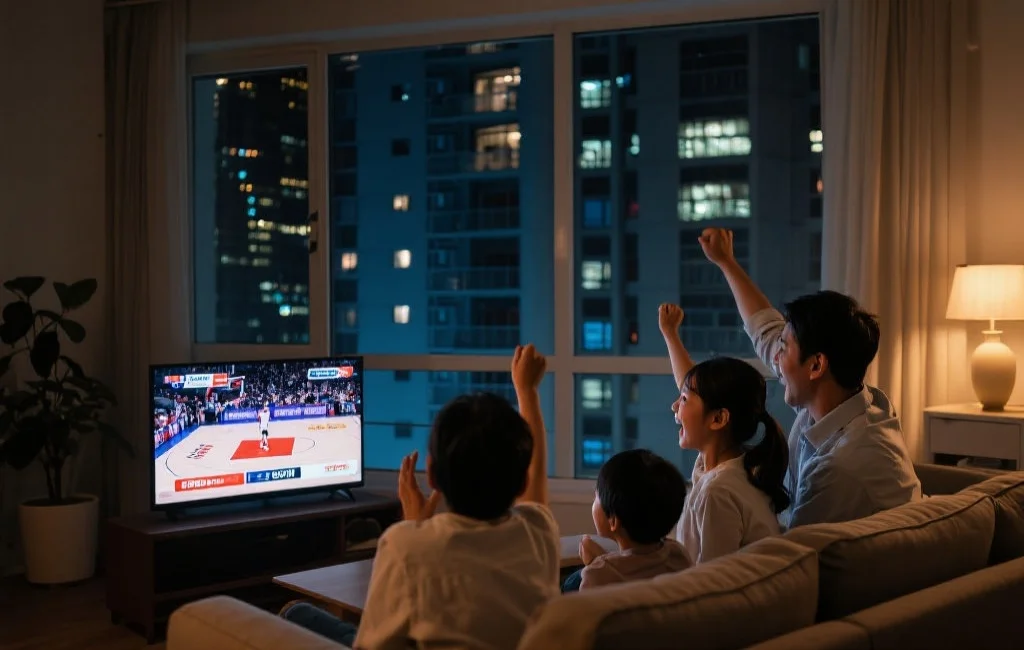 夜晚城市高楼公寓窗户里，一家人围坐沙发上，兴奋地看着电视上正在直播的篮球比赛，氛围温馨热烈