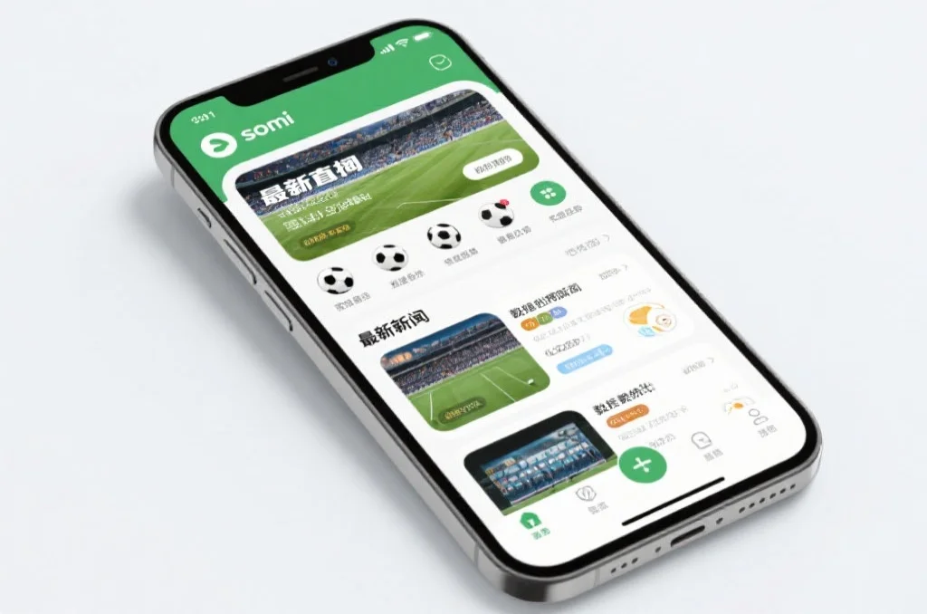 展示so米体育App界面，手机屏幕上排列着足球赛事直播、最新资讯和数据统计等功能模块，背景为简约现代风格