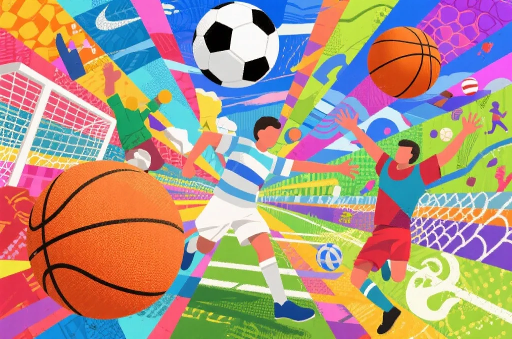 足球和篮球元素融合的抽象画，象征体育的活力