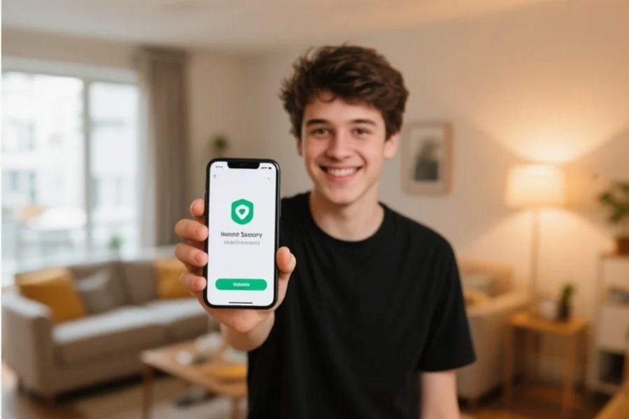 一名年轻人拿着手机，面带微笑地展示已成功安装的安全应用，背景为家庭客厅，氛围温馨